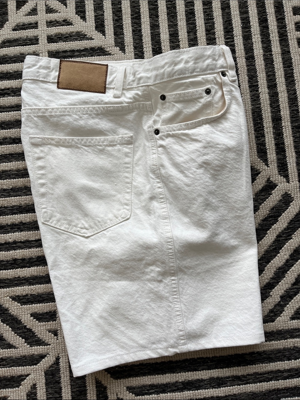 Zara White Men’s Jean Shorts with Tan Leather Patch